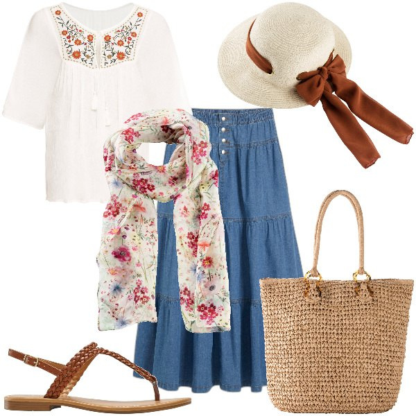 Outfit donna - Total look #1865919. Stile Romantica per Tutti i giorni. Abbinamento con tuniche, foulard, gonne, cappelli, ciabatte, shopping bag.