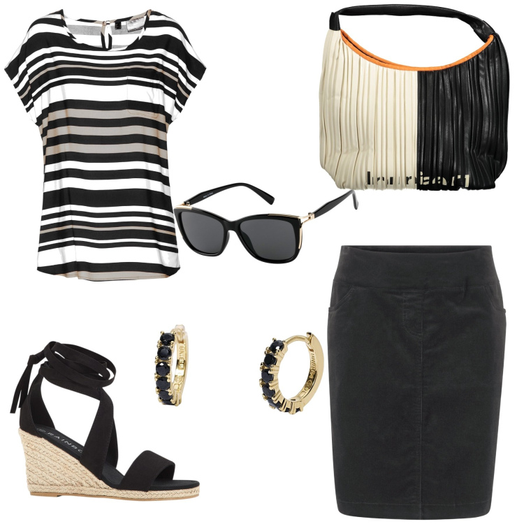 Outfit donna - Total look #1865962. Stile Minimal per Ufficio. Abbinamento con gonne, tuniche, sandali, occhiali da sole, orecchini, borse a spalla.