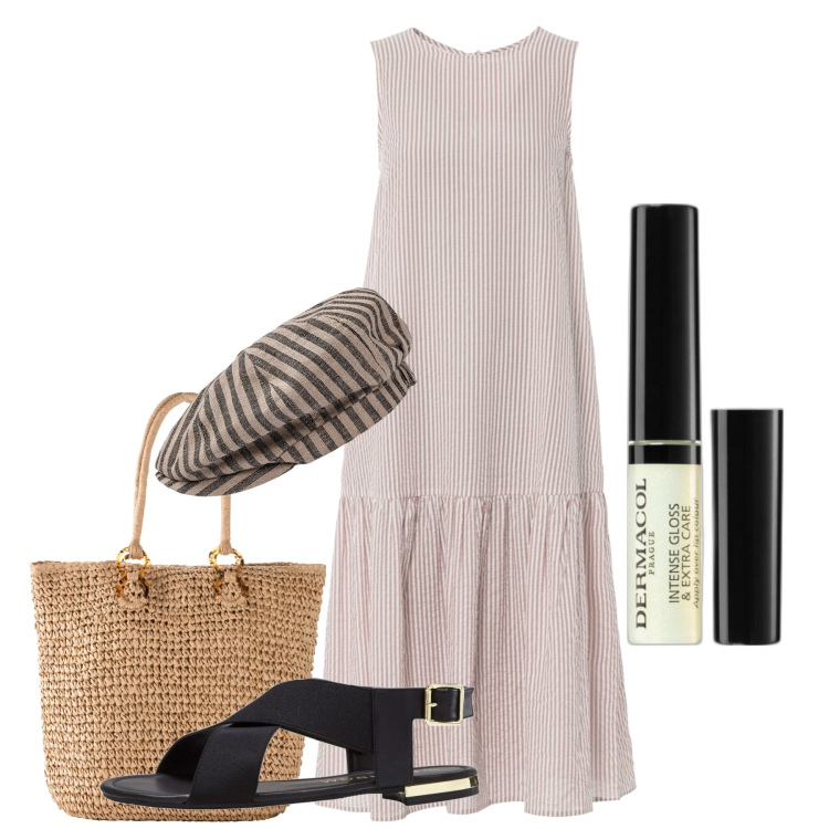 Outfit donna - Placida. Stile Minimal per Tutti i giorni. Abbinamento con sandali, vestiti, shopping bag, gloss, cappelli.