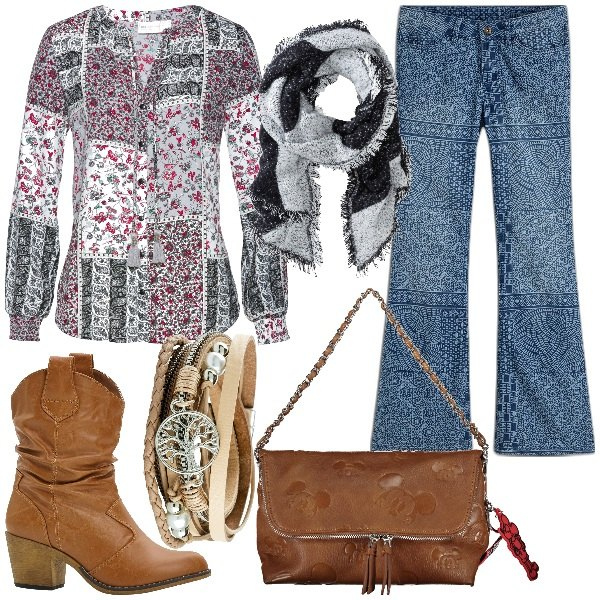 Outfit donna - Look curvy Primavera Boho. Stile Boho per Tutti i giorni. Abbinamento con bluse, stivaletti texani, braccialetti, jeans a zampa, sciarpe, borse a spalla.