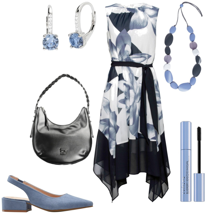 Outfit donna - Abito svolazzante. Stile Chic per Tutti i giorni. Abbinamento con décolleté, vestiti, mascara, orecchini, borse a spalla, collane.