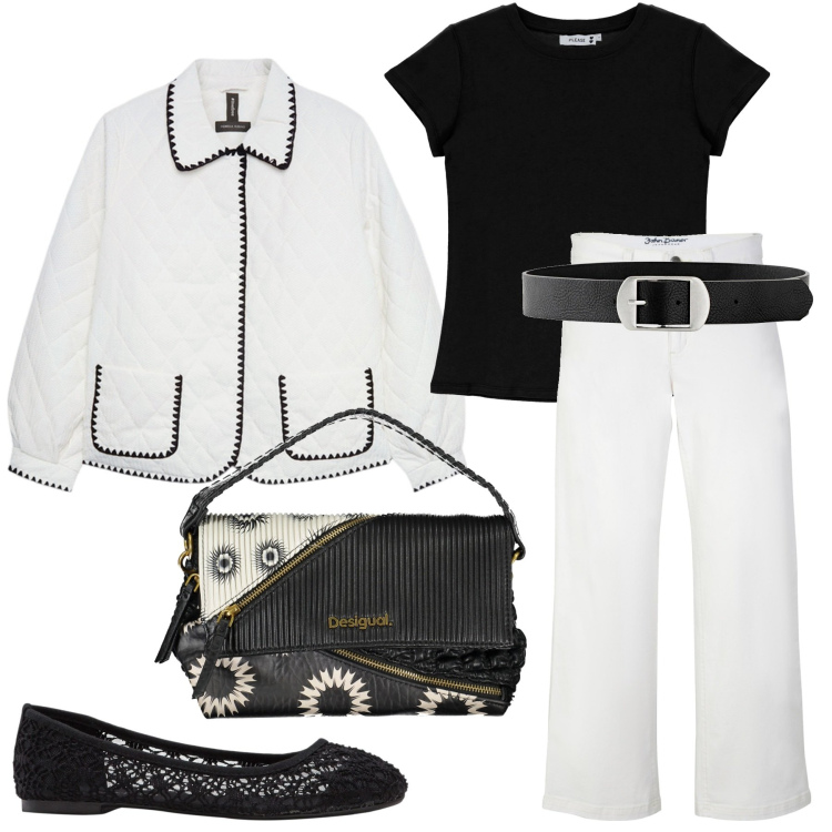 Outfit donna - Bianco nero. Stile Casual chic per Tutti i giorni. Abbinamento con ballerine, jeans, cinture, t-shirt, borse a spalla, giacche.
