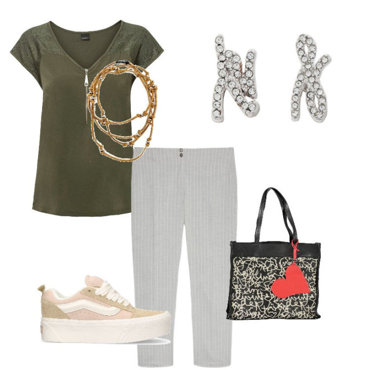 Outfit donna - Minimal. Stile Minimal per Tutti i giorni. Abbinamento con t-shirt, collane, orecchini, pantaloni, sneakers, borse a spalla.