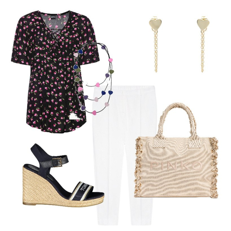 Outfit donna - Primavera. Stile Casual per Tutti i giorni. Abbinamento con tuniche, collane, orecchini, shopping bag, pantaloni, sandali.
