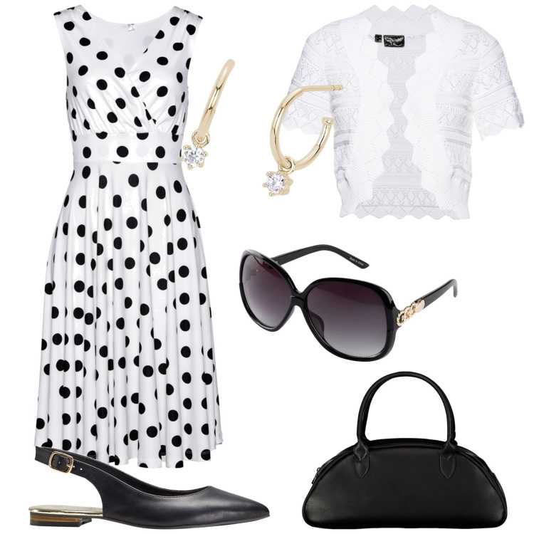 Outfit donna - Cocktail bar. Stile Chic per Tutti i giorni. Abbinamento con occhiali da sole, ballerine, vestiti, blazer, orecchini, borse a spalla.
