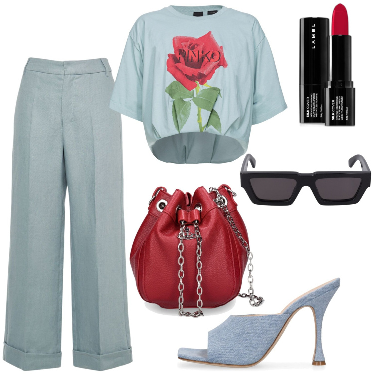 Outfit donna - Mules in denim. Stile Trendy per Tutti i giorni. Abbinamento con rossetti, t-shirt, pantofole, borse a mano, pantaloni, occhiali da sole.