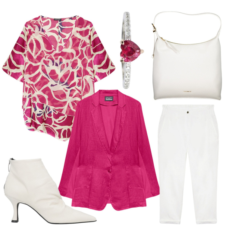 Outfit donna - Ufficio ciclamini. Stile Casual chic per Ufficio. Abbinamento con stivaletti, anelli, bluse, blazer, pantaloni, borse a spalla.