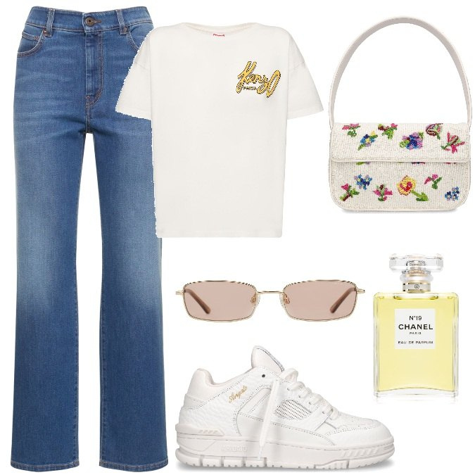Outfit donna - Total look #1866059. Stile Casual per Tutti i giorni. Abbinamento con profumi, t-shirt, occhiali da sole, jeans dritti, borse a spalla, sneakers.