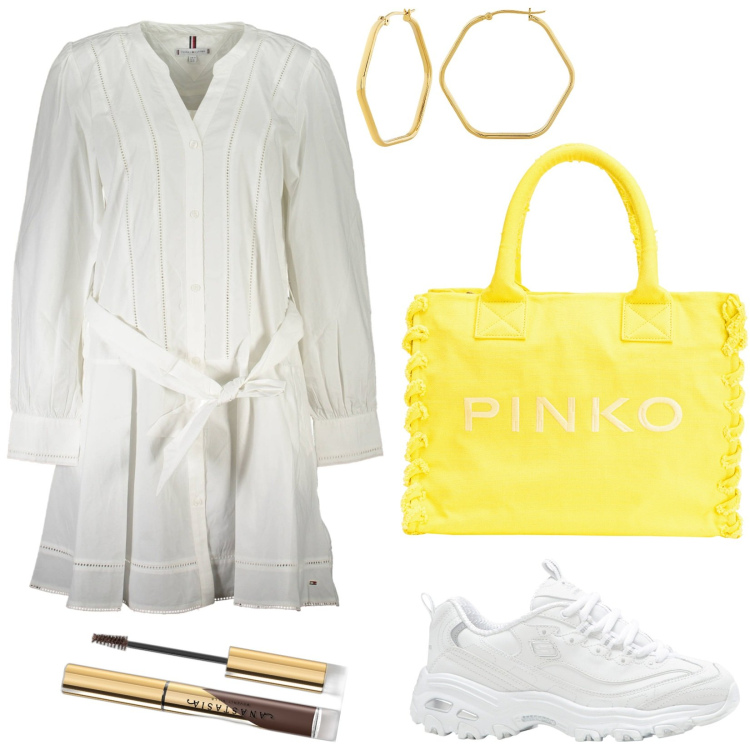 Outfit donna - Maxi orecchini figura geometrica. Stile Trendy per Tutti i giorni. Abbinamento con sneakers, orecchini, mascara, shopping bag, vestiti corti.