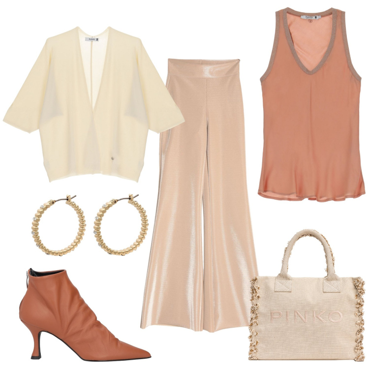 Outfit donna - Sfumature del beige. Stile Casual per Serata fuori. Abbinamento con pantaloni, stivaletti, orecchini, top, cardigans, shopping bag.