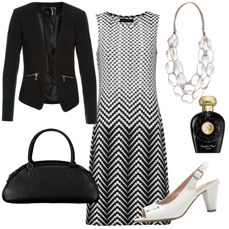 Outfit donna - Chic. Stile Chic per Serata fuori. Abbinamento con blazer, vestiti, décolleté, profumi, borse a spalla, collane.