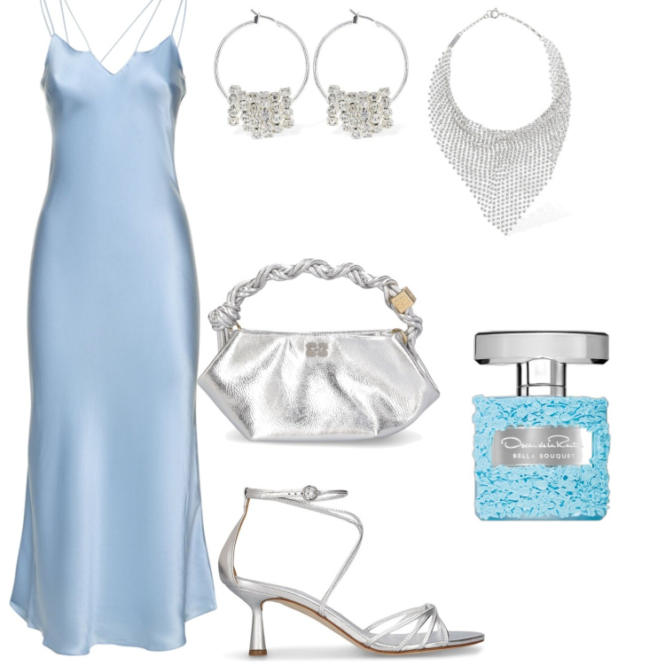 Outfit donna - Total look #1866160. Stile Glamour per Cerimonia. Abbinamento con profumi, sandali in pelle, collane, orecchini, vestiti, borse a mano.