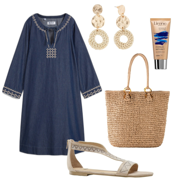 Outfit donna - Total look #1866168. Stile Etnico per Tutti i giorni. Abbinamento con vestiti, orecchini, shopping bag, sandali, fondotinta.