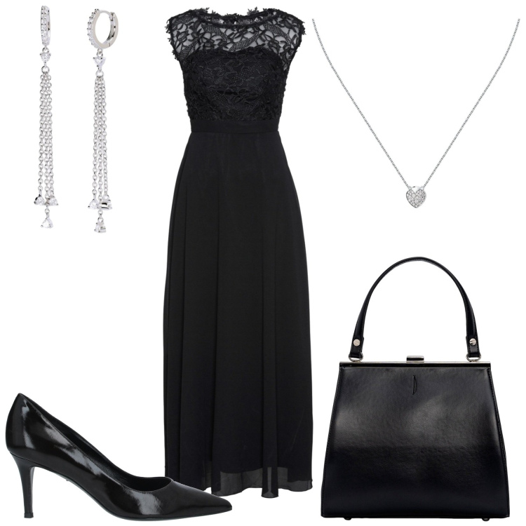 Outfit donna - Total look #1866171. Stile Chic per Serata fuori. Abbinamento con vestiti lunghi, décolleté, collane, orecchini, clutch.