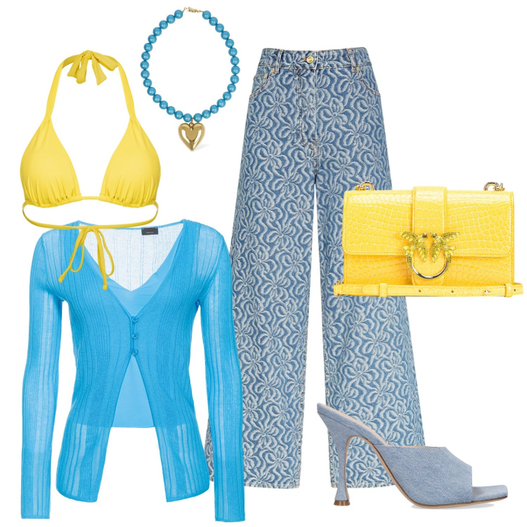 Outfit donna - Voglia di Primavera. Stile Casual chic per Tutti i giorni. Abbinamento con cardigans, borse a spalla, bikini, collane, pantaloni, pantofole.
