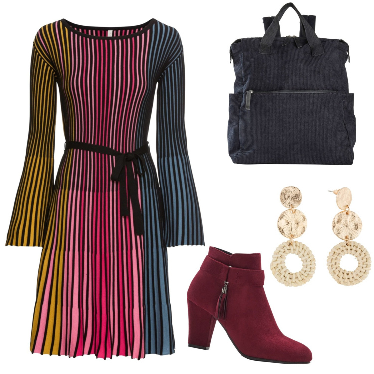 Outfit donna - Total look #1866188. Stile Casual chic per Serata fuori. Abbinamento con orecchini, zaini, vestiti, stivaletti.