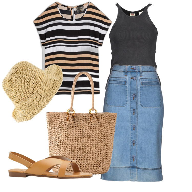 Outfit donna - Spigliata e bon ton. Stile Bon Ton per Tutti i giorni. Abbinamento con gonne, cappelli, sandali, tuniche, shopping bag, camicie.