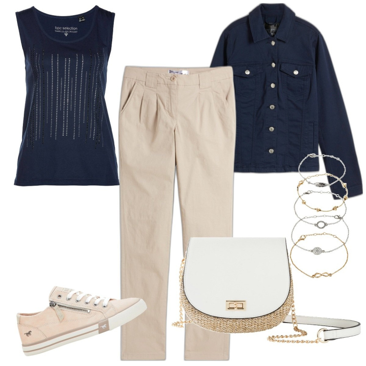 Outfit donna - Sabbia e blu - curvy style. Stile Basic per Tutti i giorni. Abbinamento con pantaloni chino, borse a tracolla, braccialetti con ciondoli, top, blazer, sneakers.