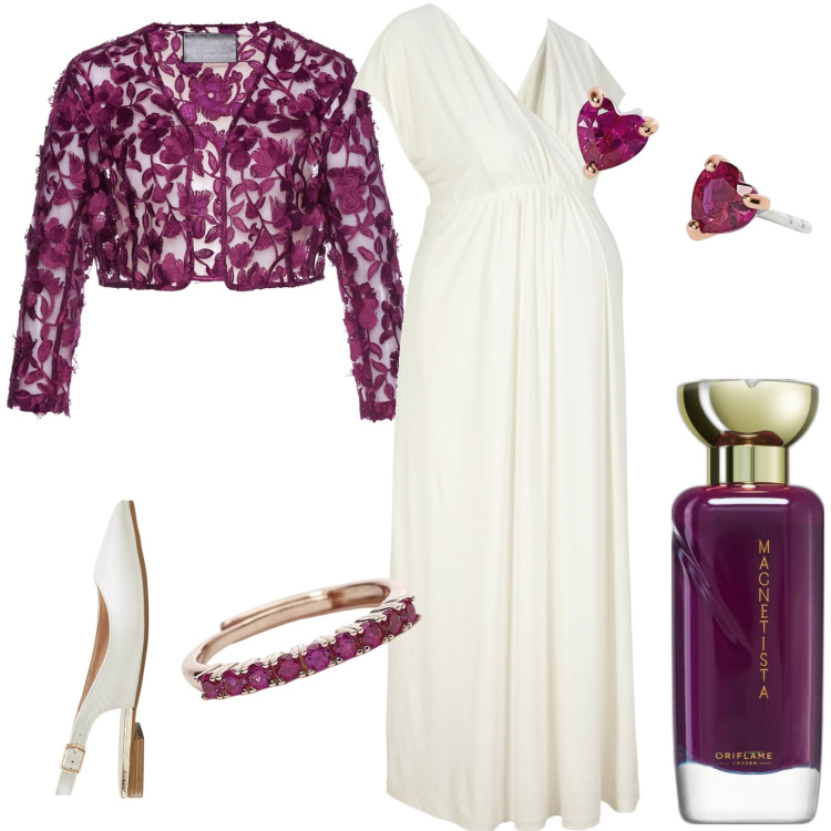 Outfit donna - Cerimonia in due. Abbinamento con bolero, vestiti lunghi, ballerine, profumi, orecchini, anelli.