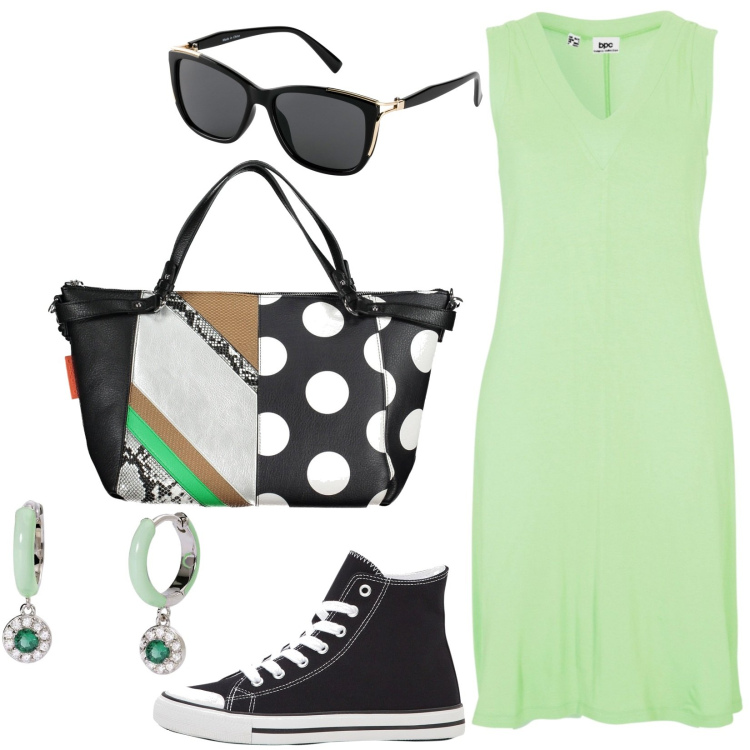 Outfit donna - Total look #1866257. Stile Basic per Tutti i giorni. Abbinamento con sneakers alte, vestiti senza maniche, occhiali da sole, orecchini, borse a spalla.