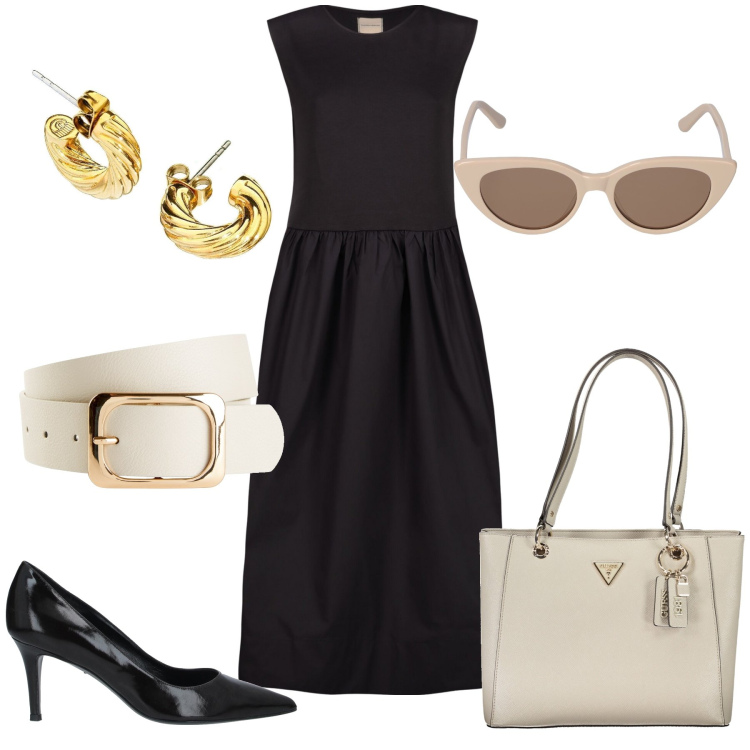 Outfit donna - In ufficio con stile. Stile Casual chic per Ufficio. Abbinamento con cinture, décolleté, orecchini, vestiti midi/longuette, borse a spalla, occhiali da sole.