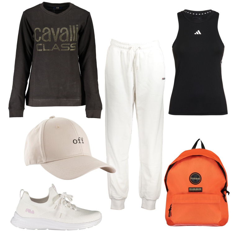 Outfit donna - In palestra. Stile Sporty chic per Sport. Abbinamento con cappelli con visiera, pantaloni, scarpe sportive, felpe, canottiere, zaini.
