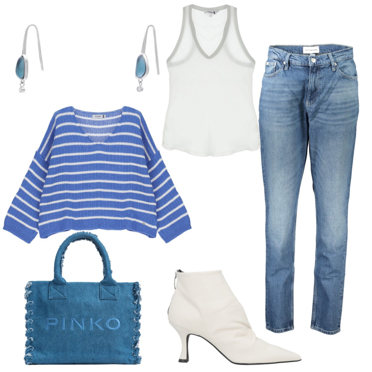 Outfit donna - Serate primaverili. Stile Casual per Serata fuori. Abbinamento con stivaletti, orecchini, pullovers, top, shopping bag, jeans mom.