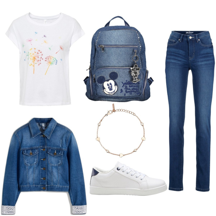 Outfit donna - Giorno in jeans. Stile Basic per Tutti i giorni. Abbinamento con jeans slim fit, t-shirt, sneakers, blazer, braccialetti, zaini.