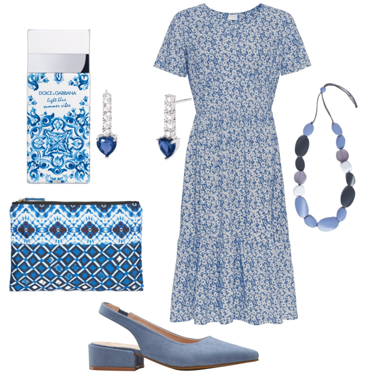 Outfit donna - Fantasia in ufficio. Stile Romantica per Ufficio. Abbinamento con décolleté, vestiti, profumi, orecchini, collane, pochette.