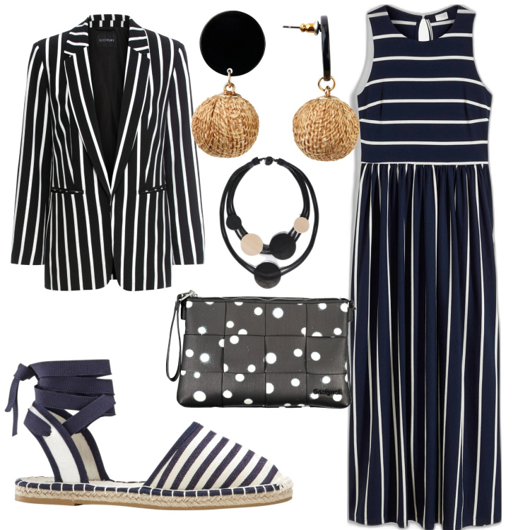 Outfit donna - Sto a righe. Stile Casual per Tutti i giorni. Abbinamento con blazer, orecchini, vestiti lunghi, espadrillas, borse a spalla, collane.
