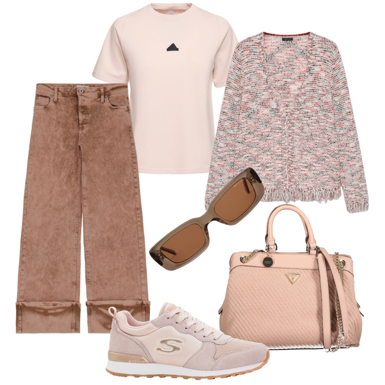Outfit donna - I pantaloni straight mélange. Stile Urban per Tutti i giorni. Abbinamento con sneakers, pantaloni, cardigans, borse a spalla, t-shirt, occhiali da sole.