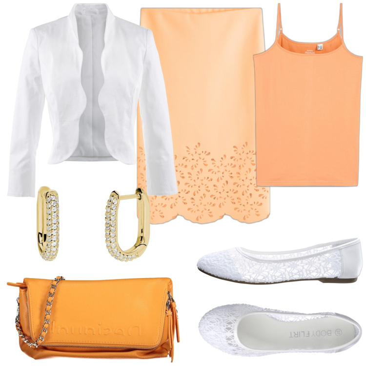 Outfit donna - Alla comunione. Stile Preppy per Cerimonia. Abbinamento con blazer, ballerine, gonne, top, orecchini, borse a mano.