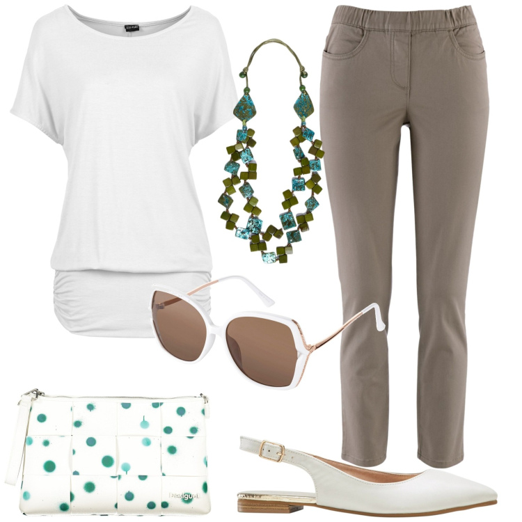 Outfit donna - Oggi vado di fretta. Stile Casual chic per Tutti i giorni. Abbinamento con maglieria, pantaloni, ballerine, occhiali da sole, borse a spalla, collane.