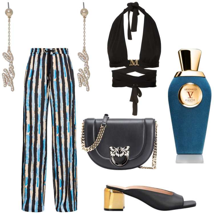 Outfit donna - Sere d\'estate. Stile Sexy per Serata fuori. Abbinamento con orecchini, profumi, pantaloni, sandali in pelle, borse a tracolla, top.