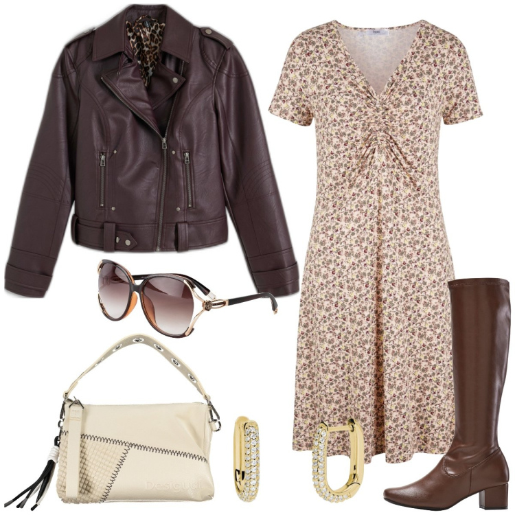 Outfit donna - Un giorno di pioggia. Stile Casual chic per Tutti i giorni. Abbinamento con stivali, occhiali da sole, vestiti midi/longuette, blazer, orecchini, borse a spalla.