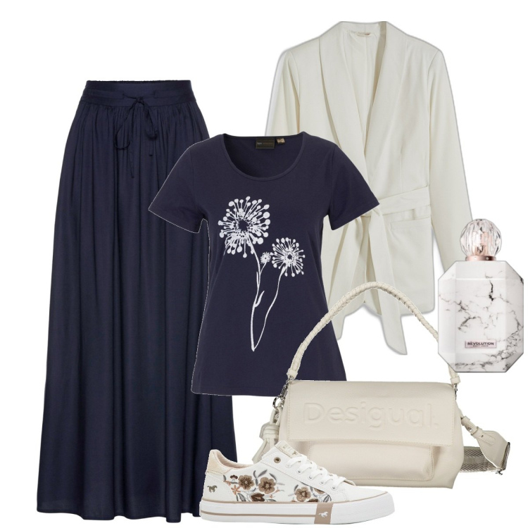 Outfit donna - Un po\' romantica. Stile Romantica per Tutti i giorni. Abbinamento con gonne lunghe, t-shirt, sneakers, blazer, profumi, borse a spalla.