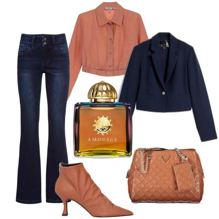 Outfit donna - Serata caramello & blu. Stile Sporty chic per Serata fuori. Abbinamento con jeans bootcut, blazer, stivaletti, profumi, camicie, borse a spalla.