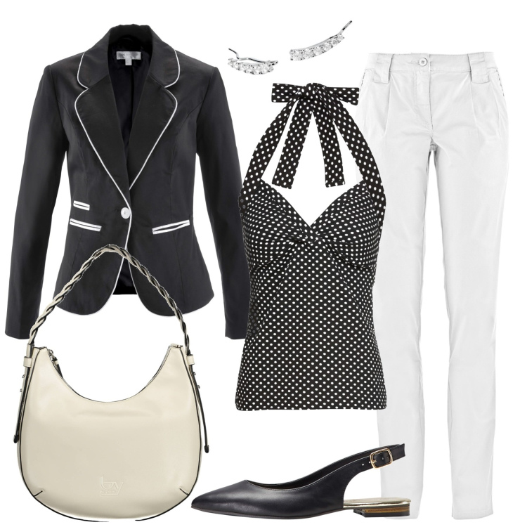 Outfit donna - Top a pois. Stile Chic per Tutti i giorni. Abbinamento con ballerine, pantaloni chino, blazer, top, orecchini, borse a spalla.