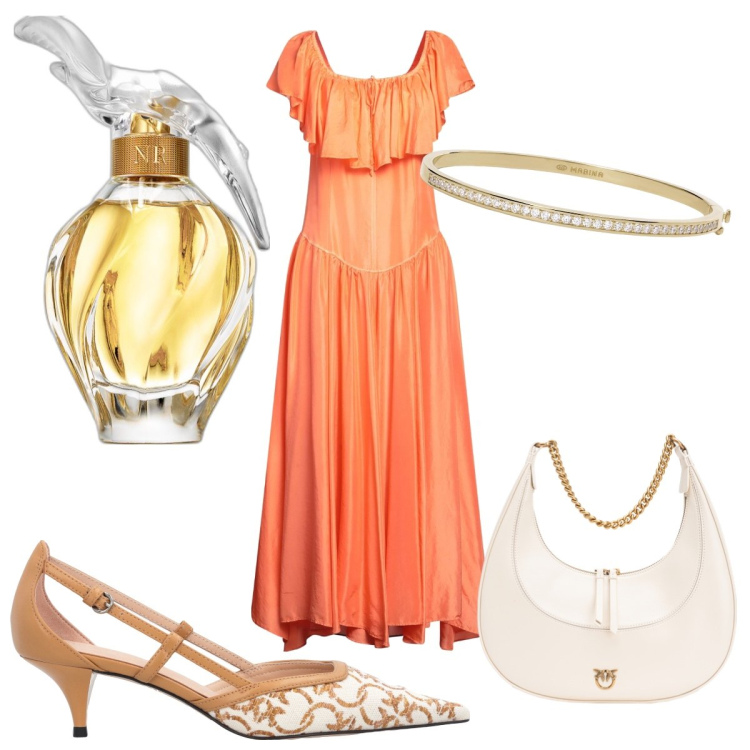 Outfit donna - Bantoa Glamour Events Season. Stile Glamour per Cerimonia. Abbinamento con vestiti lunghi, profumi, braccialetti, borse a spalla, décolleté.