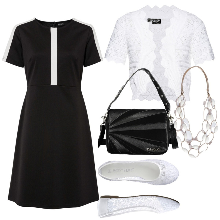 Outfit donna - Blach. Stile Bon Ton per Cerimonia. Abbinamento con ballerine, vestiti, blazer, collane, borse a spalla.