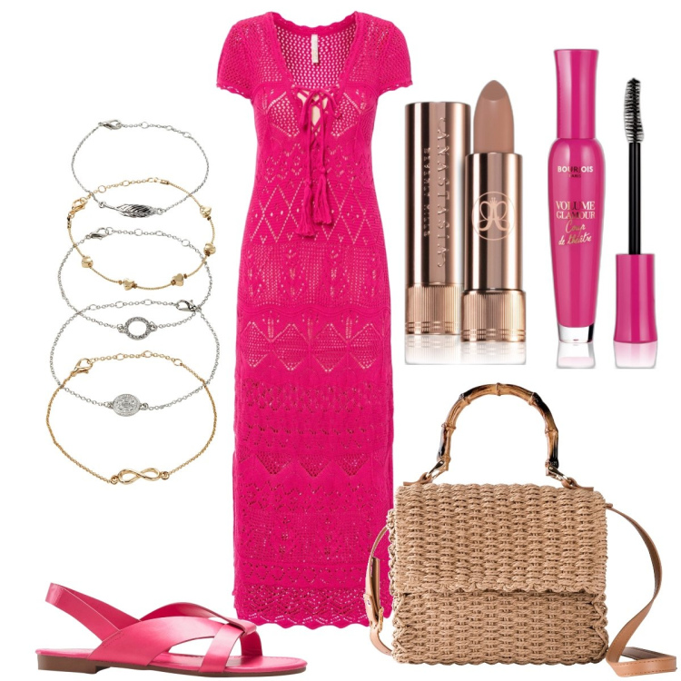 Outfit donna - Total look #1866463. Stile Boho per Tutti i giorni. Abbinamento con braccialetti con ciondoli, vestiti, borse a mano, sandali, rossetti, mascara.
