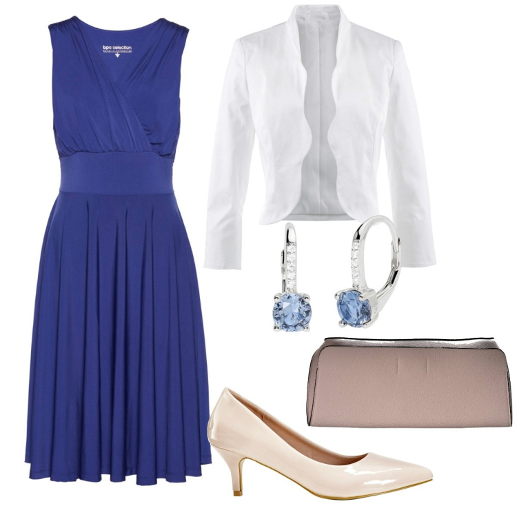 Outfit donna - Blumarine. Stile Bon Ton per Cerimonia. Abbinamento con blazer, vestiti, décolleté, orecchini, pochette.
