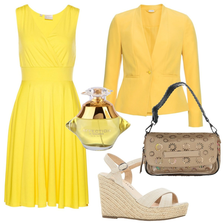 Outfit donna - Sologiallo. per Cerimonia. Abbinamento con blazer, sandali, vestiti, profumi, borse a spalla.