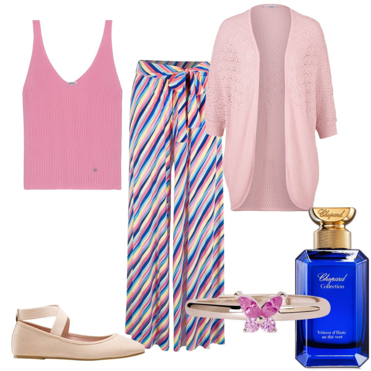 Outfit donna - Total look #1866477. Stile Romantica per Tutti i giorni. Abbinamento con pantaloni a palazzo, cardigans, ballerine, profumi, anelli, top.