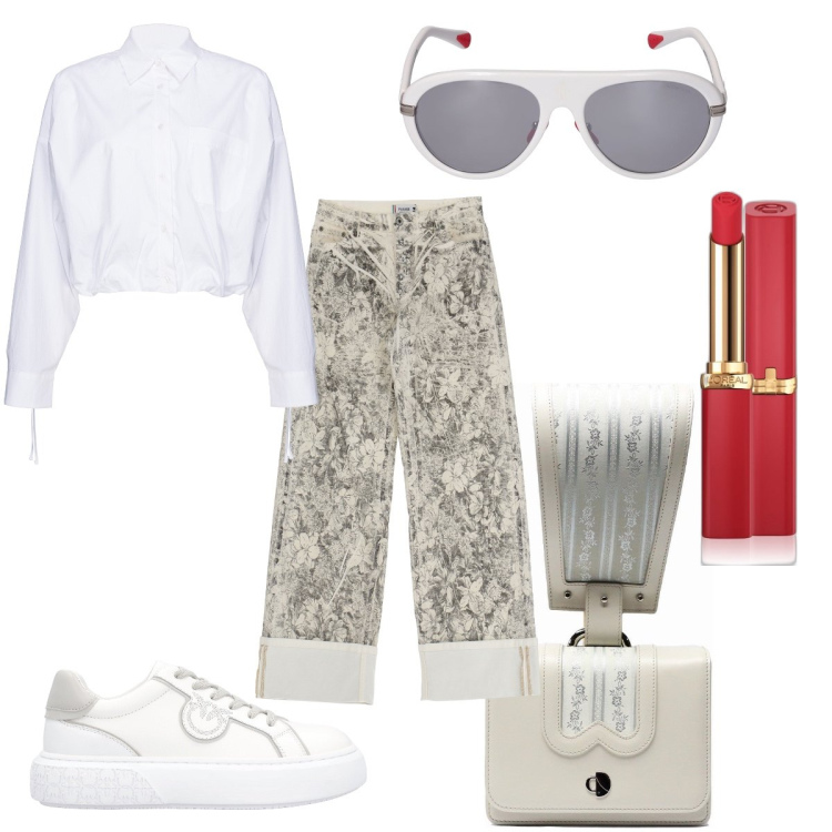 Outfit donna - Total look #1866478. Stile Sporty chic per Ufficio. Abbinamento con rossetti, sneakers, camicie, pantaloni a palazzo, borse a mano, occhiali da sole.