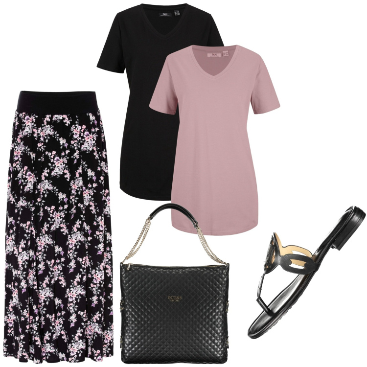 Outfit donna - 2 cambi. Stile Romantica per Tutti i giorni. Abbinamento con gonne lunghe, t-shirt, infradito, borse a spalla.