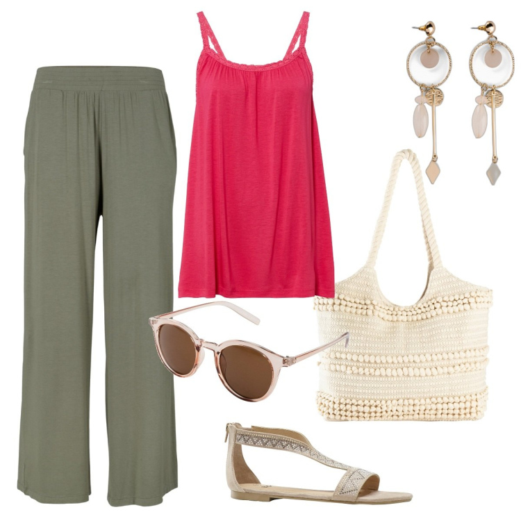 Outfit donna - Leggerissima. Stile Casual per Tutti i giorni. Abbinamento con pantaloni, occhiali da sole, orecchini, top, sandali, shopping bag.
