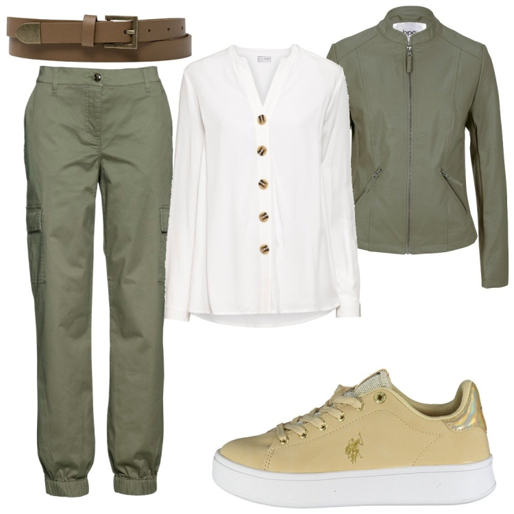 Outfit donna - Verde militare. Stile Military per Tutti i giorni. Abbinamento con pantaloni cargo, giacche sportive, camicie, cinture, scarpe sportive.