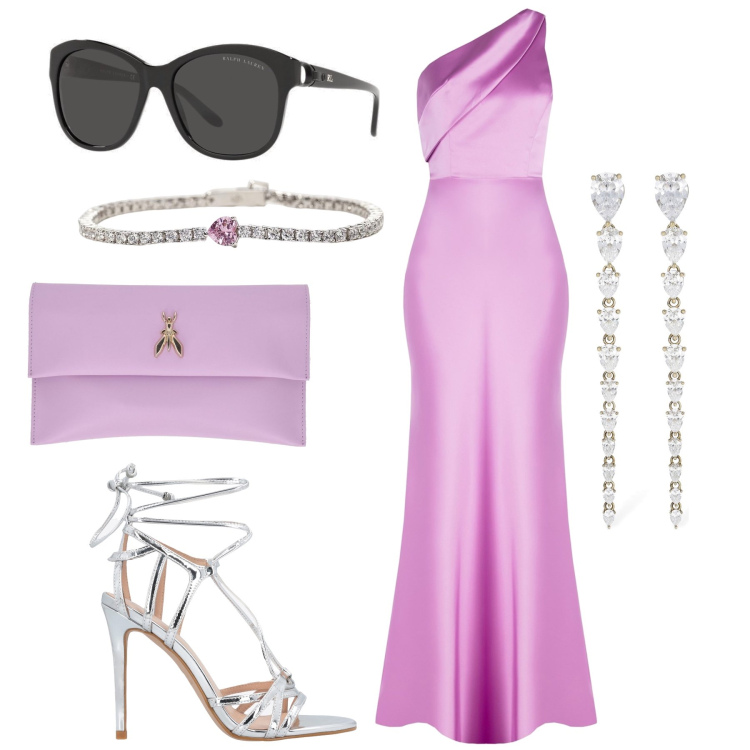 Outfit donna - Matrimonio tema malva. Stile Glamour per Cerimonia. Abbinamento con braccialetti, sandali in pelle, vestiti asimmetrici, occhiali da sole, orecchini, pochette.