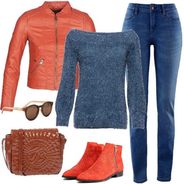 Outfit donna - Caldo maglioncino. Stile Basic per Tutti i giorni. Abbinamento con jeans skinny, pullover con scollo filato blu e corda, borsa a tracolla mini effetto vernice interno foderato in pelle sintetica tinta unita blu, giacca rosso, stivaletti effetto scamosciato, occhiali da sole sagomati lenti scure stanghette sottili protezione dai raggi.